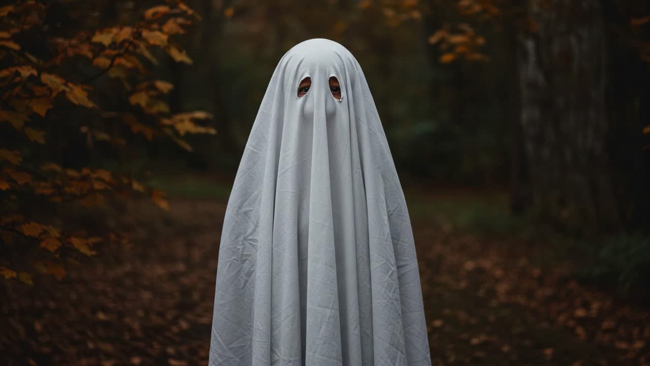 A Mysterious Ghostly Figure Haunts a Dimly Lit Forest Path, Shrouded in a White Sheet and Surrounded by Autumn Leaves and Soft Light, Evoking Spooky Vibes