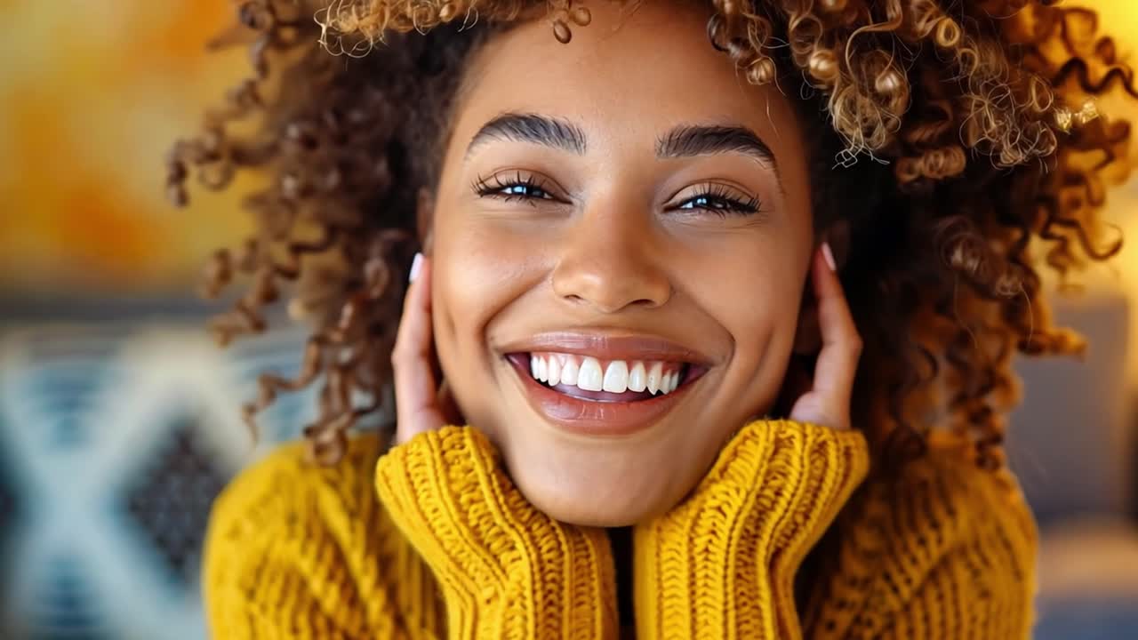 Close-up portrait of a happy woman with curly hair smiling