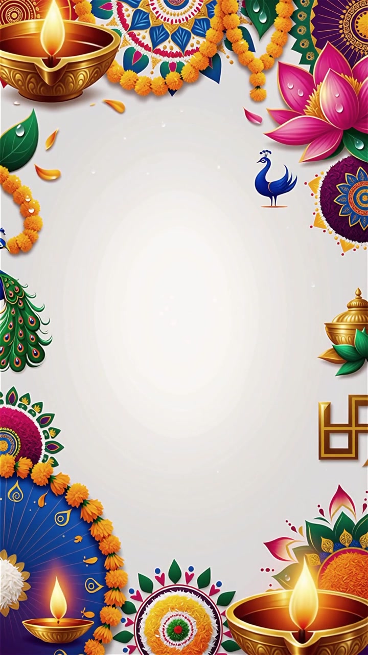 Sfondo Diwali con Diyas luminosi, Rangoli e fiori di loto