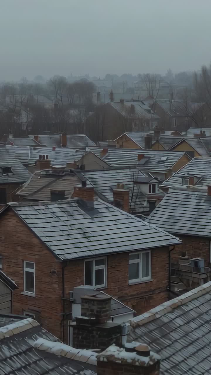 Vertical video: Holding camera at upper window, capturing frosted terraced roofs and chimneys, haze