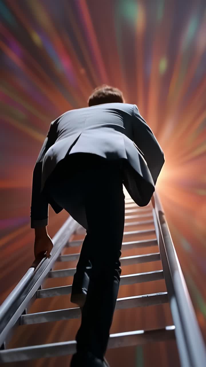 A Person Ascending a Ladder Towards a Brilliant Light, Symbolizing Hope and Ambition as they Move from Darkness to Enlightenment in a Dynamic Environment