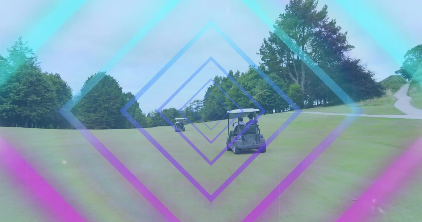 Diamant overlay pulseert over de fairway en begeleidt golfvrienden die met karretjes de heuvel afrijden en een ronde delen