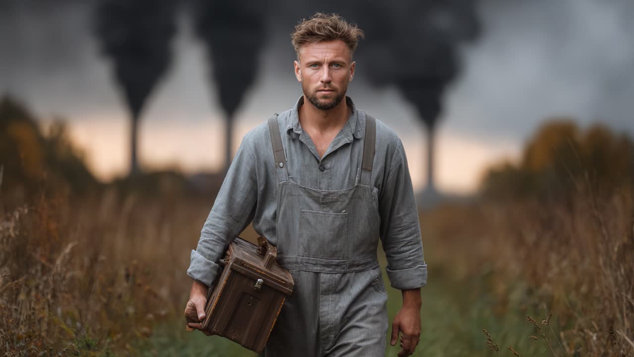 A Determined Individual in Work Overalls Makes Their Way Through a Field, Carrying a Briefcase While Enveloped in a Scene of Industrial Pollution from Smokestacks