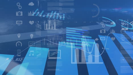 digital animation of financial data processing and digital icons moving against blue background