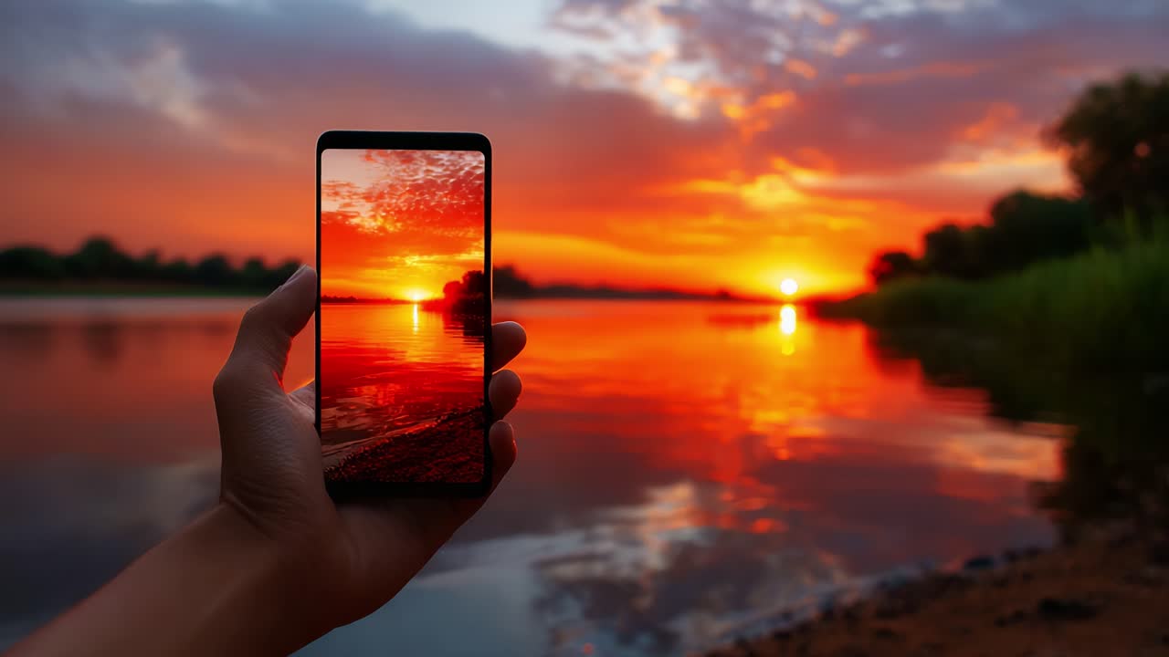 Capturing the Beauty of a Vibrant Sunset: A Handheld Smartphone Reflects a Gorgeous Orange and Pink Sky Over a Tranquil River at Dusk, Merging Nature with Technology Creatively