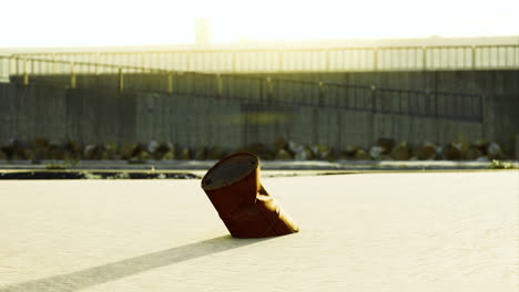 rusty barrel tipped over on sandy shore during golden hour
