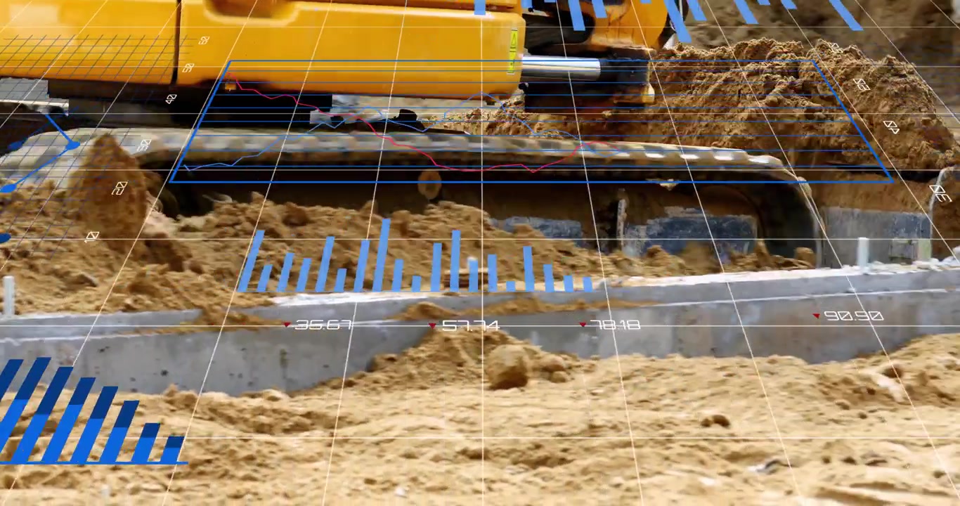 Analisi blu fluttuanti si dissolvono, mentre una piattaforma di perforazione tracciata cala una trivella nella sabbia per il monitoraggio del sito.