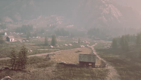 old wooden village on the rocky mountain background