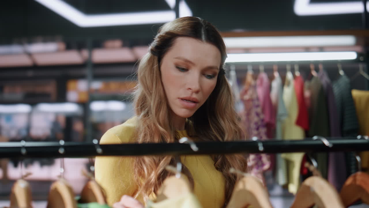mujer enfocada elige vestido tienda de ropa de cerca. mujer enfocada escoge vestido