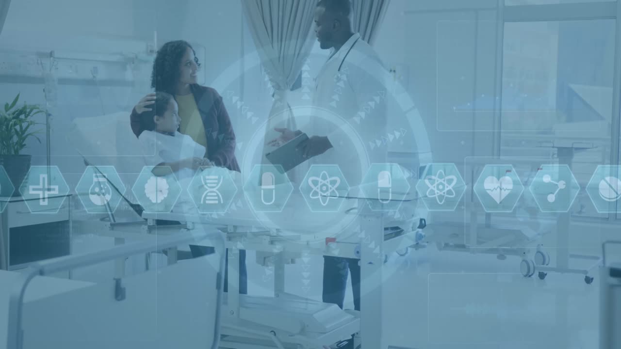 animación de procesamiento de datos médicos sobre médico afroamericano con pacientes