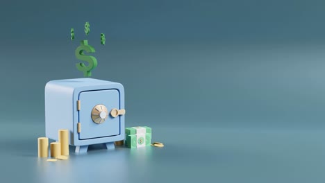 caja fuerte con billetes y monedas sobre fondo azul con espacio de copia