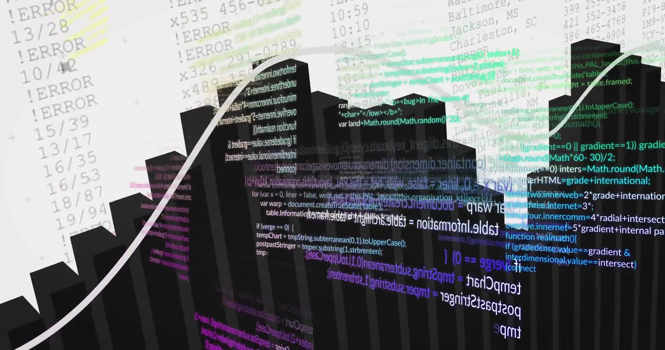 Camera panning tilting revealing black bars wave as colored code sliding tracing peaks showing data