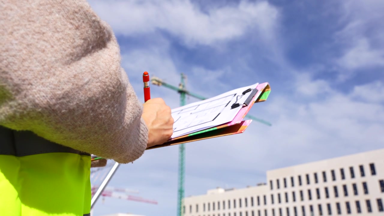 Professional woman with a safety vest taking notes on a blueprint in front of a building project on a sunny day