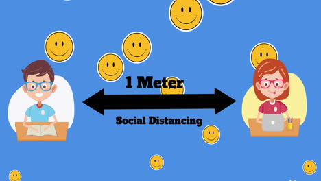 emoji de cara sonriente flotando contra el niño y la niña de la escuela manteniendo la distancia social