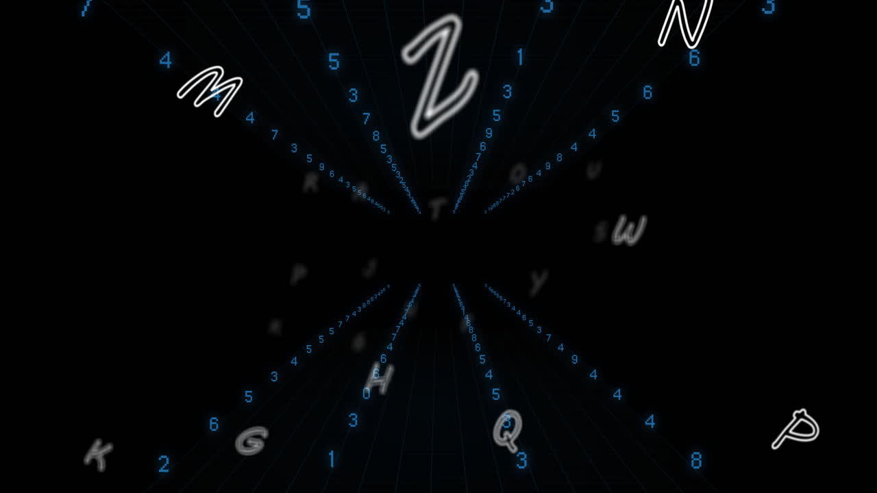 Animation of letters over data processing on black background