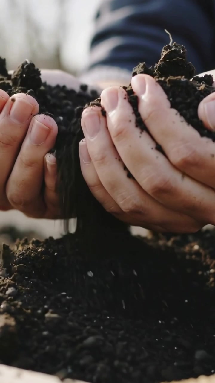 Vertical video: Cupping clumps, adult hands in sleeve sifting potting soil into planter to plant