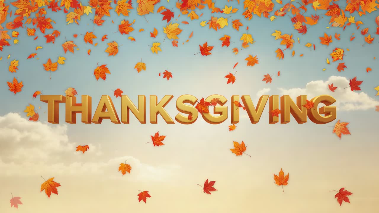 Spadające liście, powiew wiatru na tle ciepłego nieba wokół złotego napisu THANKSGIVING tworzą jesienny nastrój