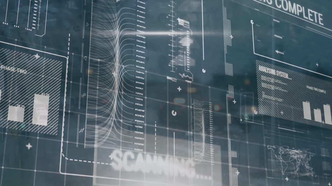 animazione di grafici, barre di carico, mappe e linguaggio informatico su veicoli in movimento per strada