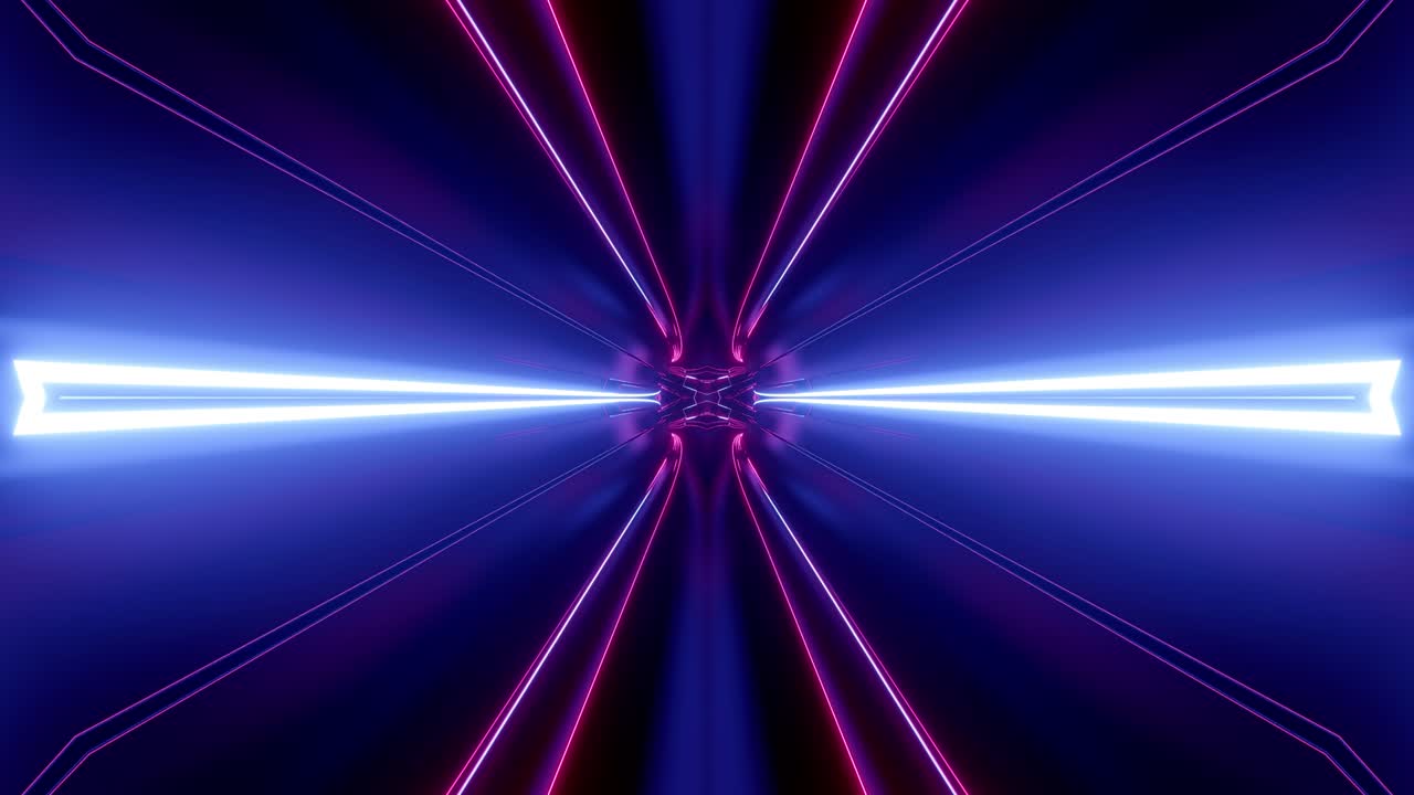 transformatore di tunnel sci-fi con luci al neon. tunnel ad alta tecnologia astratto a anello 4k. la telecamera vola attraverso il tunnel. sfondi in stile cyberpunk o high-tech futuro. blu viola 9