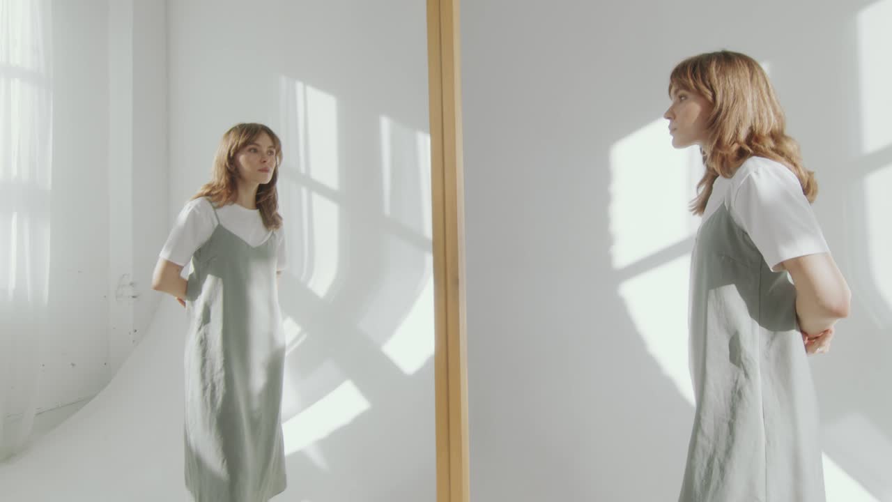 Female Model Posing in front of Mirror during Photo Shoot in Sunlit Studio
