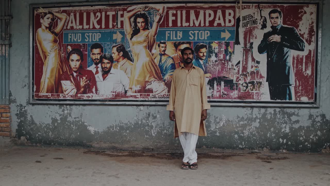 Pakistani man wearing traditional clothes standing near a weathered bollywood film poster in Pakistan, representing cultural contrast and social commentary