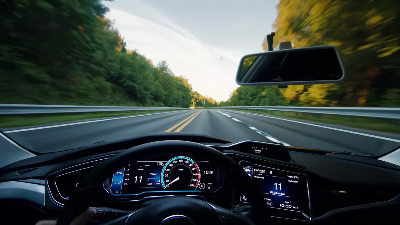 POV video style from inside a car driving on a scenic road
