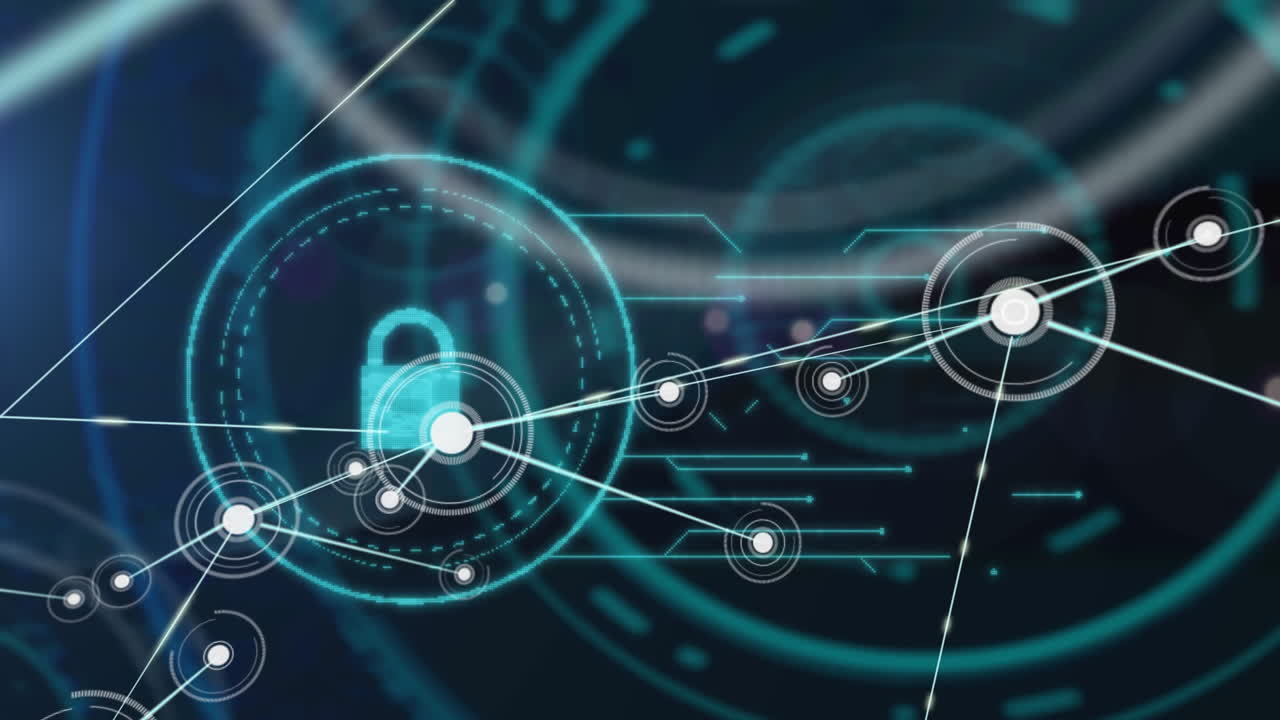 Animation of network of connections and padlock icon on black background