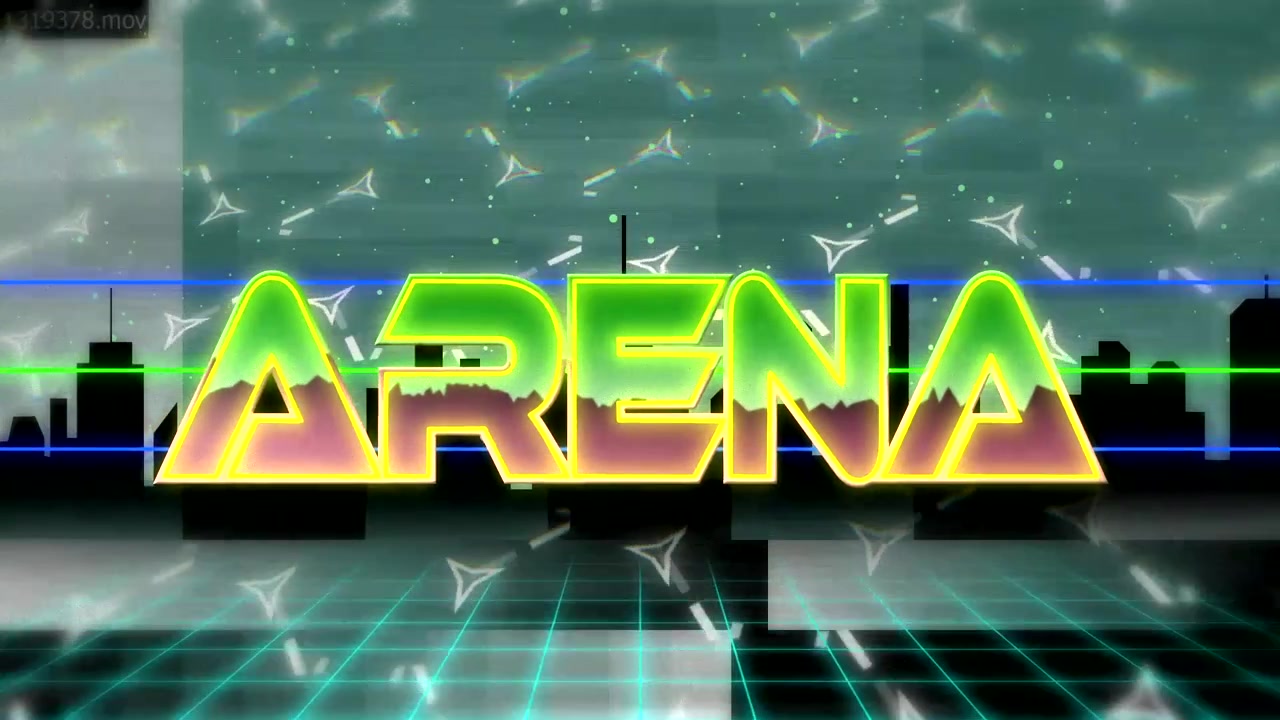 Animating ARENA logo emerging over grid skyline silhouette, with blue lines and floating particles