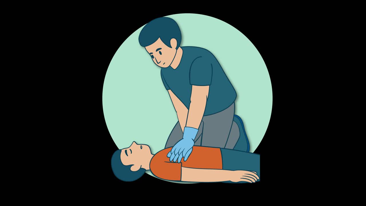 Step-by-step animation of CPR chest compressions and rescue breaths on adult, flat black background