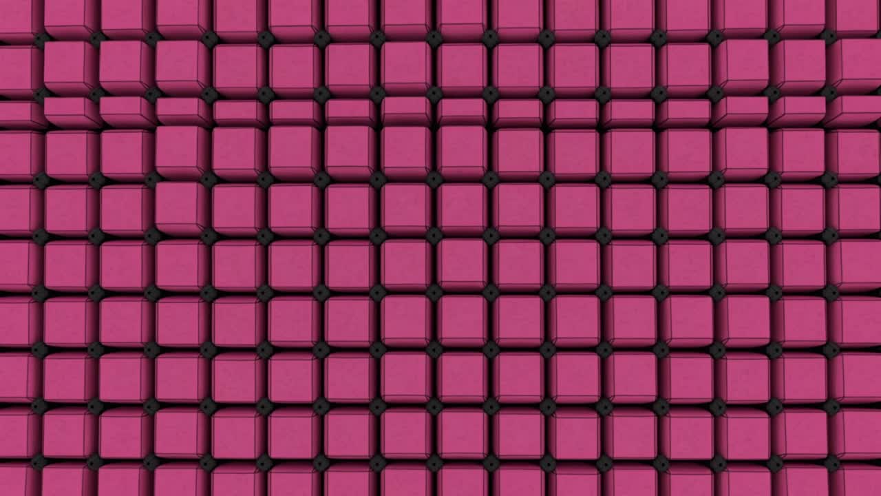 Azulejos magenta ondulantes mostrando um deslocamento da linha superior que se espalha e redefine no estúdio, com pontos pretos.