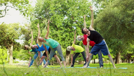 fitness group doing yoga in park