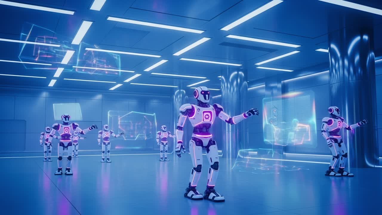 A Futuristic Scene Featuring Advanced Robots Engaged in Interactive Tasks Within a High-Tech Environment Highlighting Digital Displays and Modern Technology Elements