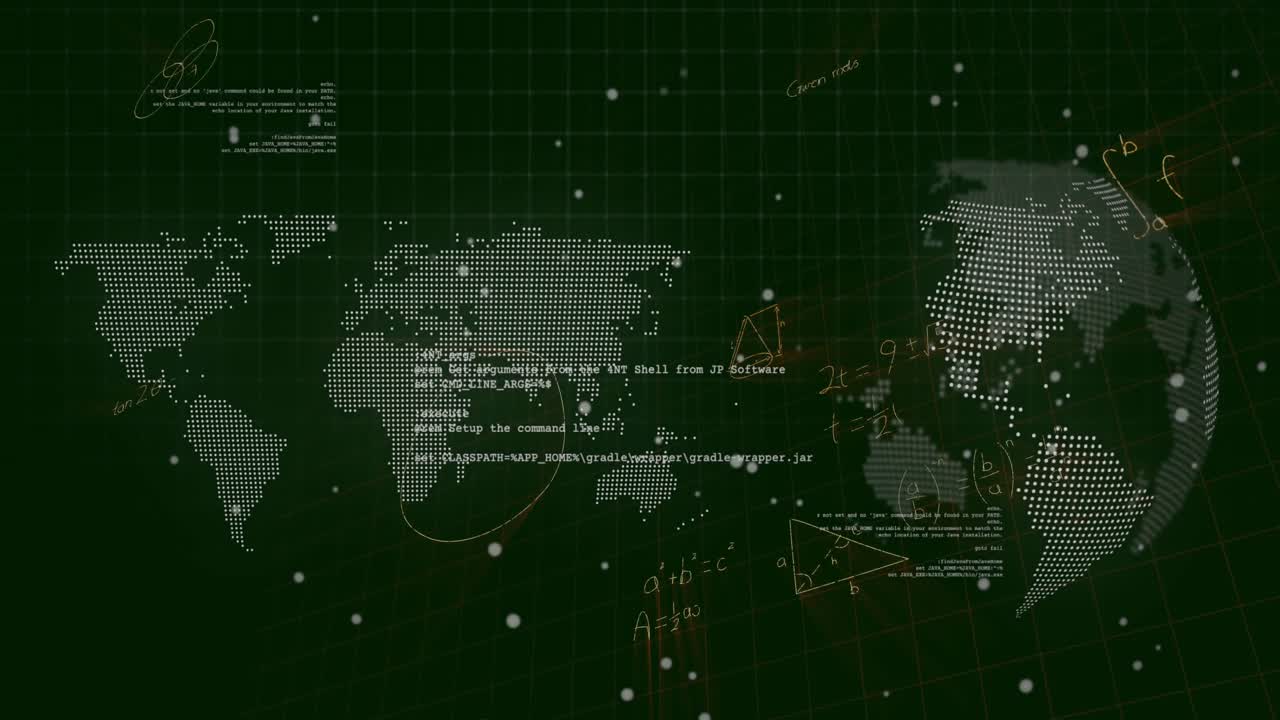 Grid showing dot map and rotating globe receiving sweeping lasers drifting dots emerging equations