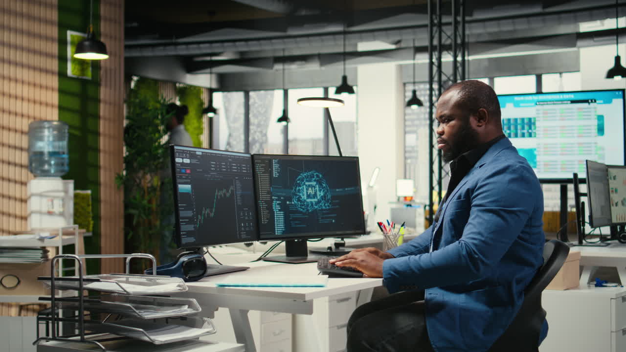 Vertical Video African american technician studies AI financial forecast development