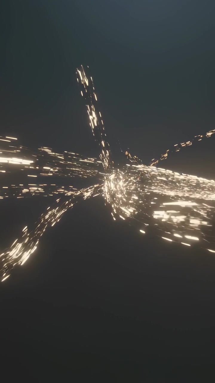 Vertical video: Appearing sparks pulling streams into knot in dark void creating golden streaks