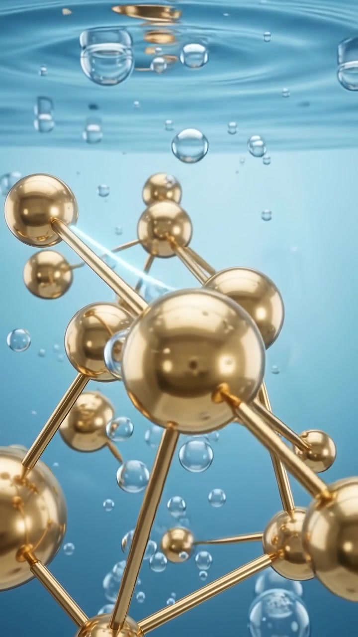 Struttura molecolare dorata che galleggia in acqua di laboratorio