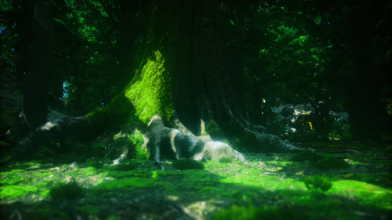 Moss covered roots and sunlight filtering through the forest in daytime