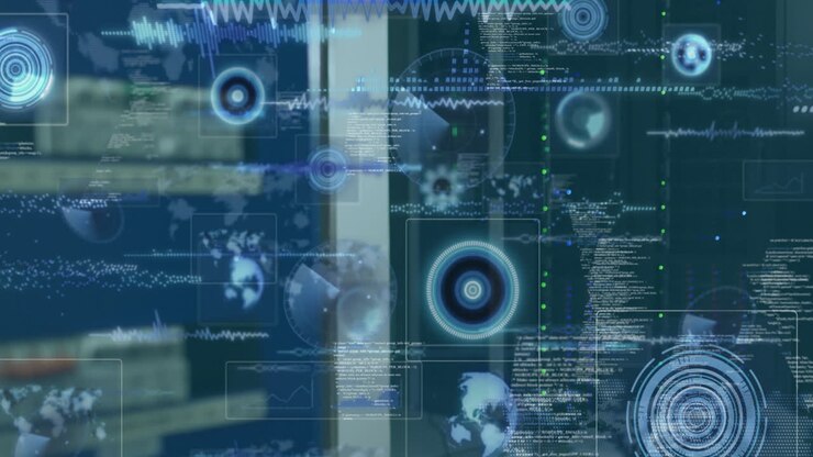 Animation of round scanners and data processing against computer server room