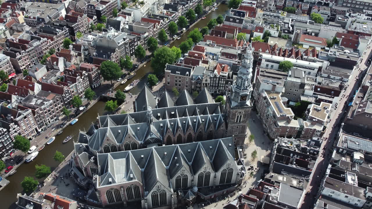 Aerial View of Amsterdam City Center with Canal and Church