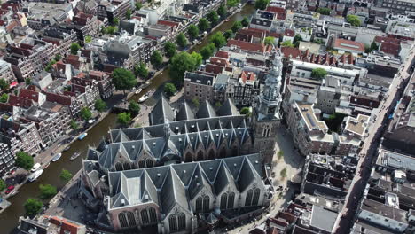 aerial view of amsterdam city center with canal and church