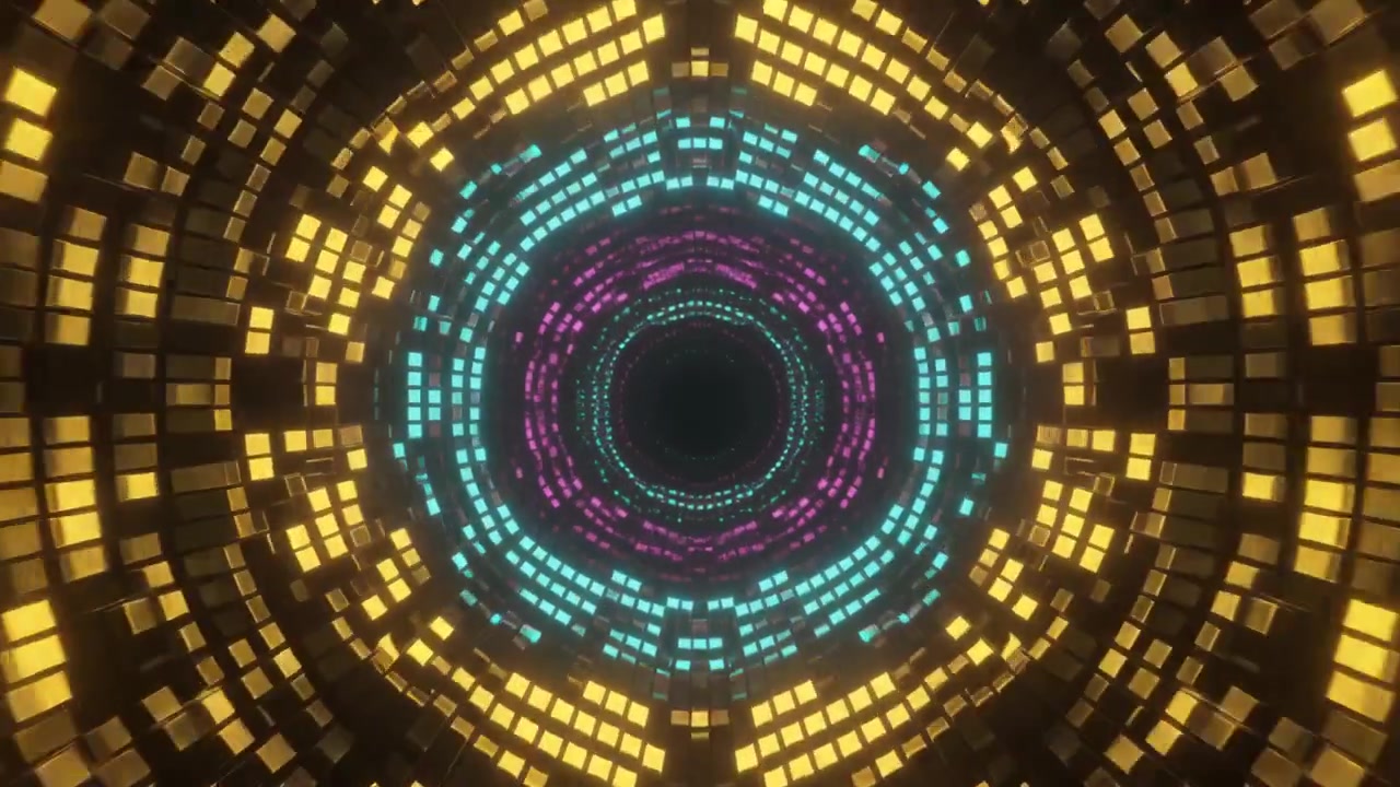 Tunnel al neon luminoso astratto con quadrati geometrici pulsanti