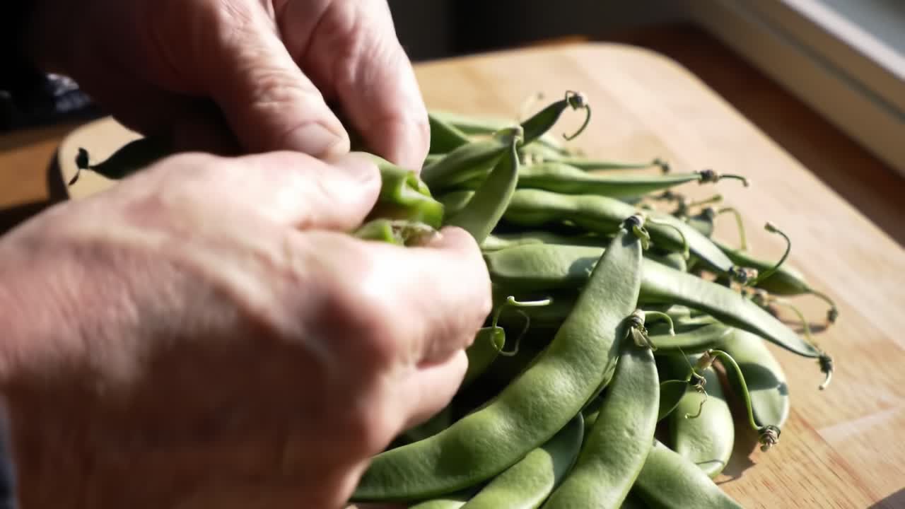 A Close-Up View of Preparing Fresh Green Peas: The Art of Shelling and Enjoying Nature's Bounty in a Kitchen Setting