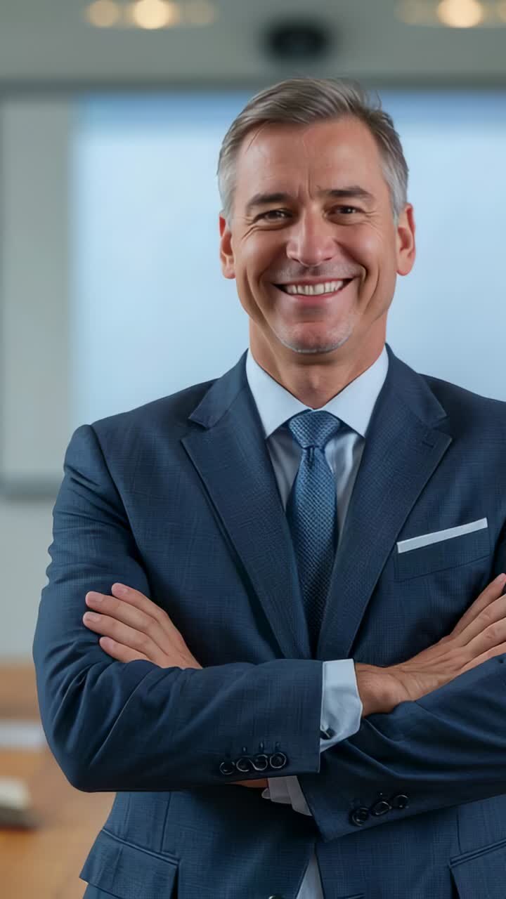 Vertical video: Camera shooting exec posing arms folded in office portrait smiling more navy suit