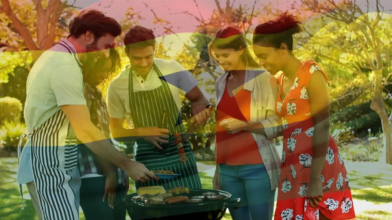 야외 파티를 하는 다양한 친구 그룹 위에 가나의 발의 애니메이션