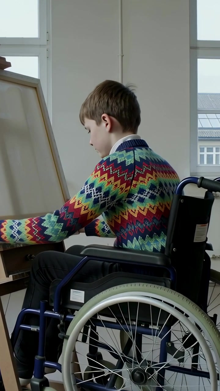 Vertical video: Boy in wheelchair lifting canvas from lap aligning on easel in art room in sweater