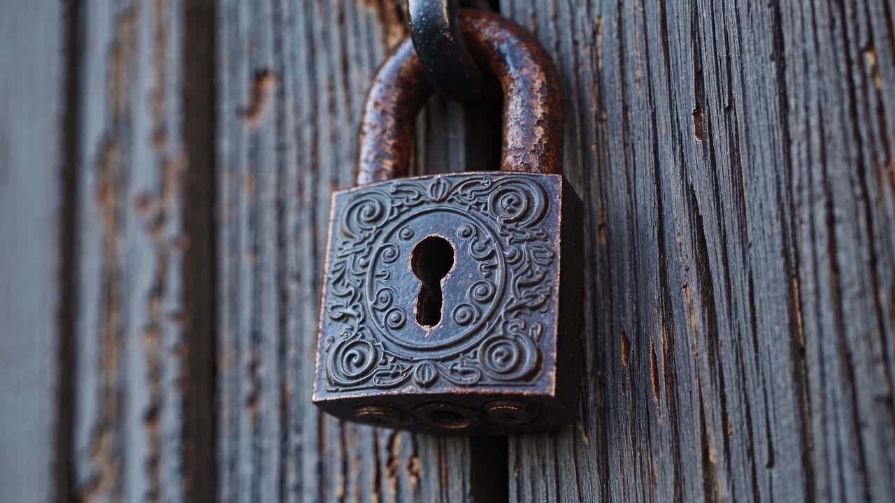 Close-up video shot of a vintage padlock on a wooden door, showcasing intricate details and textures