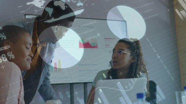 Animation of data processing over diverse business people in office