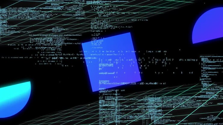 Animation of data processing and shapes on black background