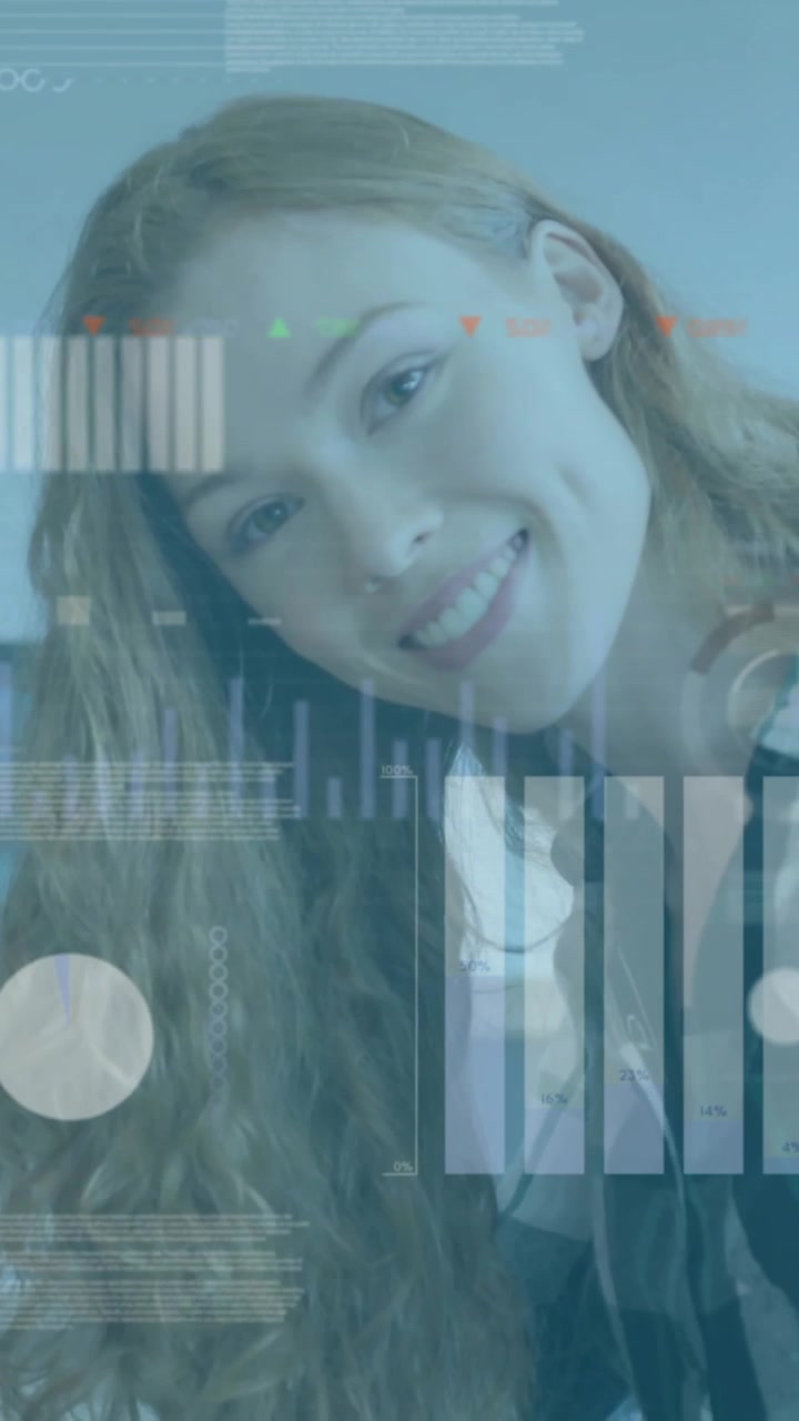 Animation of graphs and charts processing data over caucasian casual businesswoman smiling at office