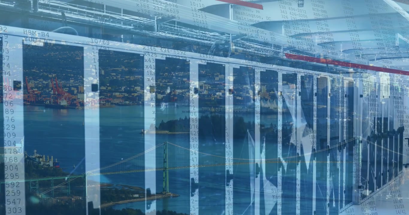 Animation of financial data processing and server room over cityscape
